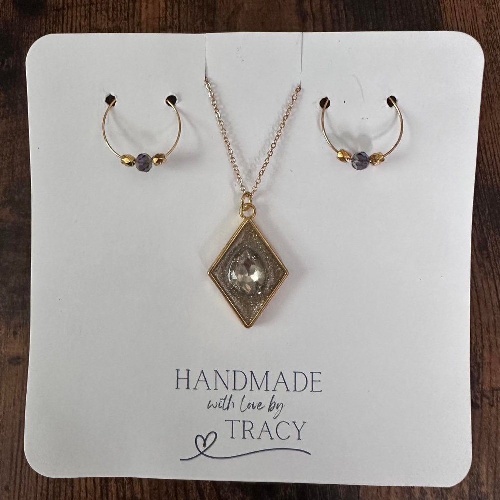 New Beautiful Handmade Hoop Earrings & Diamond-Shaped Necklace